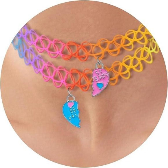 Best Friends Forever Necklace Rainbow Tattoo Choker Set Kids Jewelry - Picture 1 of 9